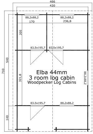 Elba 44mm 3 room log cabin